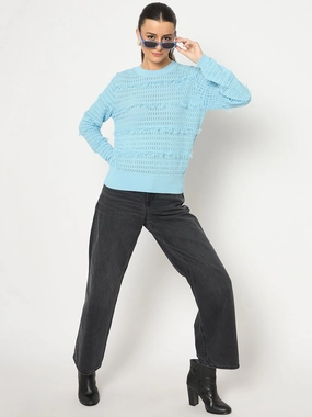 Breathable mesh Warm Layers Madame Fringe Textured Brown Cotton Sweater