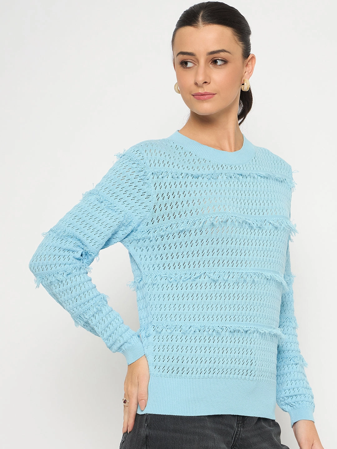 Madame Fringe Textured Brown Cotton Sweater Cold Weather Wear