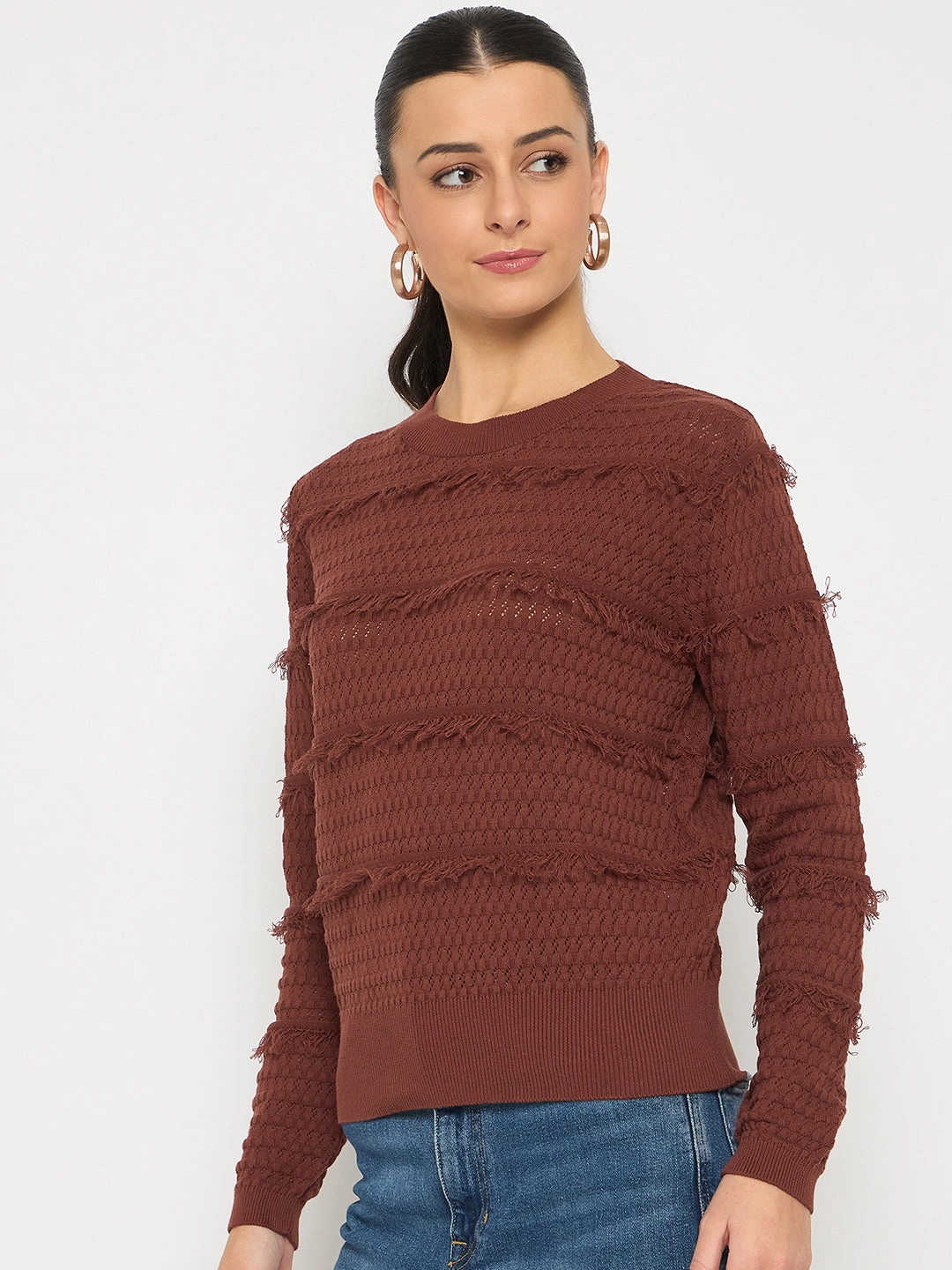 Madame Fringe Textured Chocolate Brown Cotton Sweater Soft touch layer Cozy Fleece