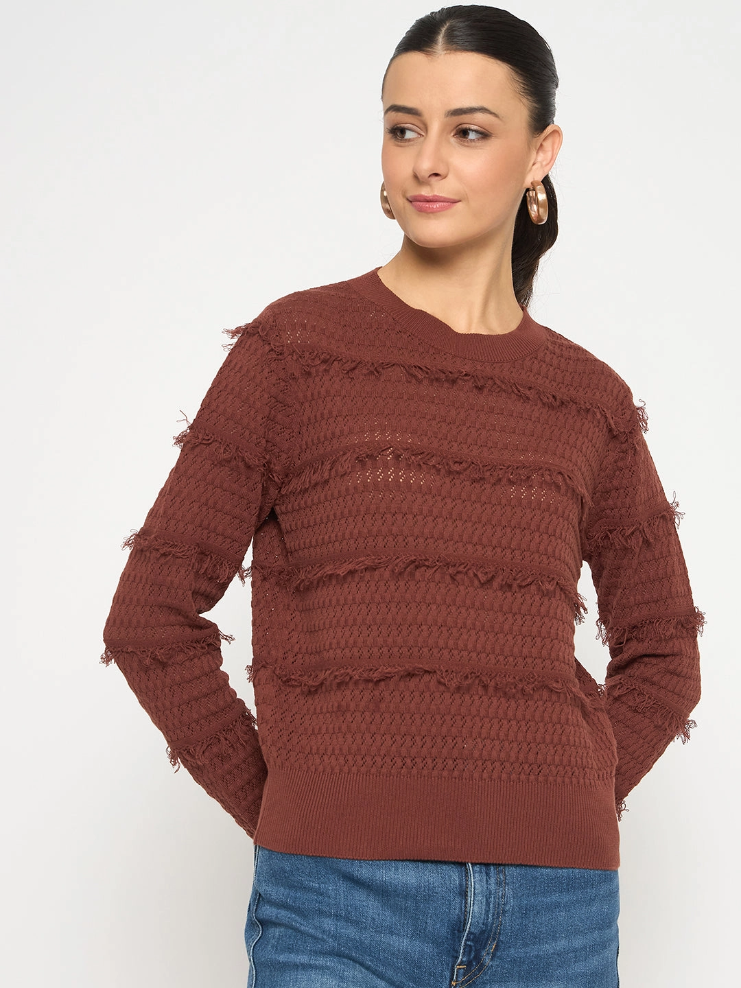 Comfortable Knitwear Madame Fringe Textured Chocolate Brown Cotton Sweater