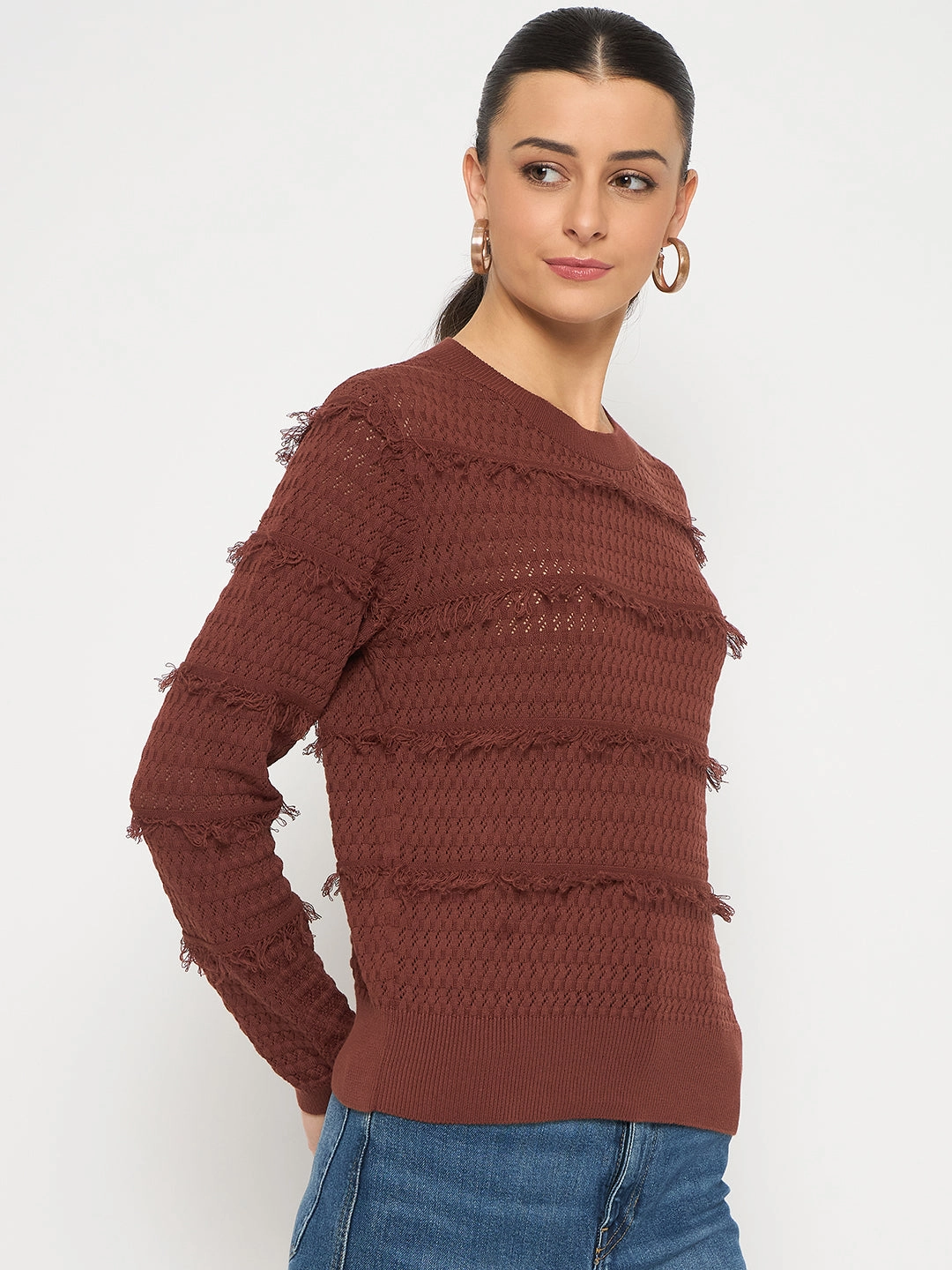 Madame Fringe Textured Chocolate Brown Cotton Sweater Casual Warmth Fashion Statement