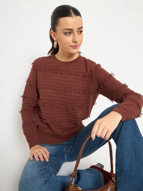 Timeless Appeal Madame Fringe Textured Chocolate Brown Cotton Sweater