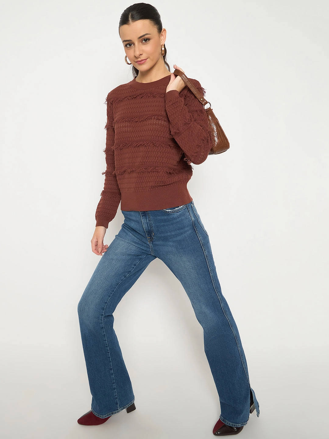 Perfect Fit Design Madame Fringe Textured Chocolate Brown Cotton Sweater