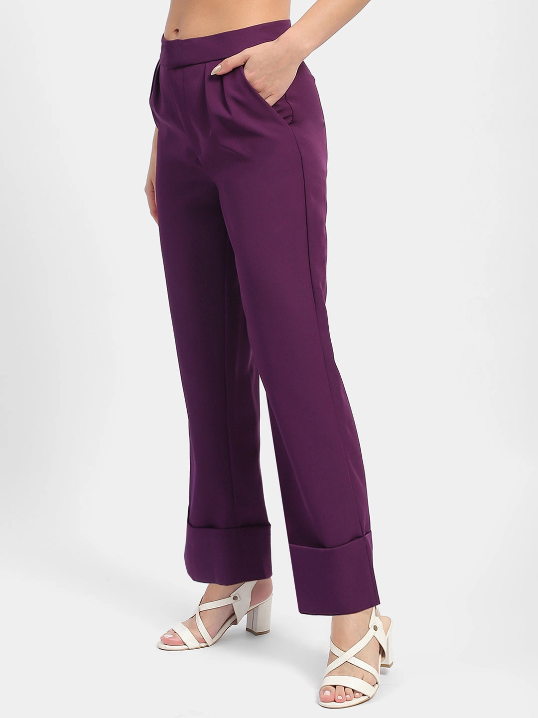 Madame Front Pleated Purple Rolled Hem Trousers Effortless Comfort Full Flex