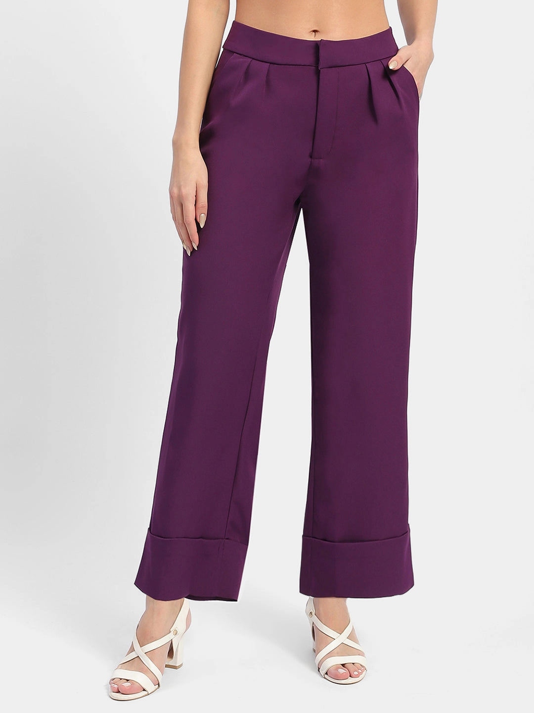Durable Weave Madame Front Pleated Purple Rolled Hem Trousers