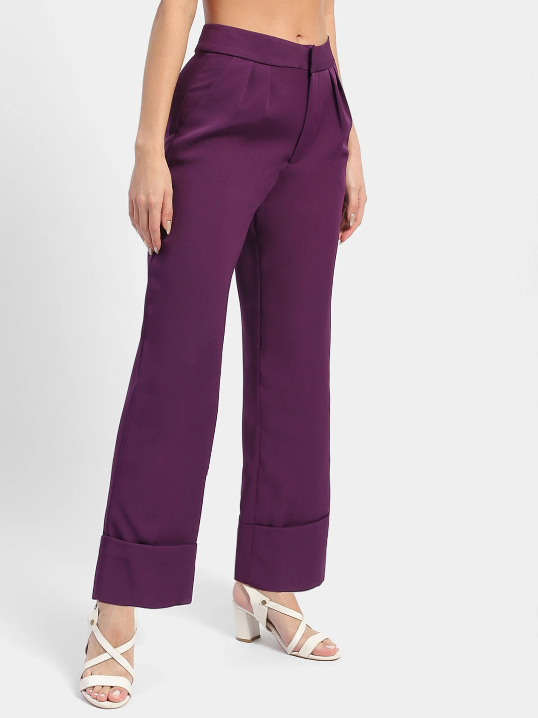 Tailored Wear Madame Front Pleated Purple Rolled Hem Trousers