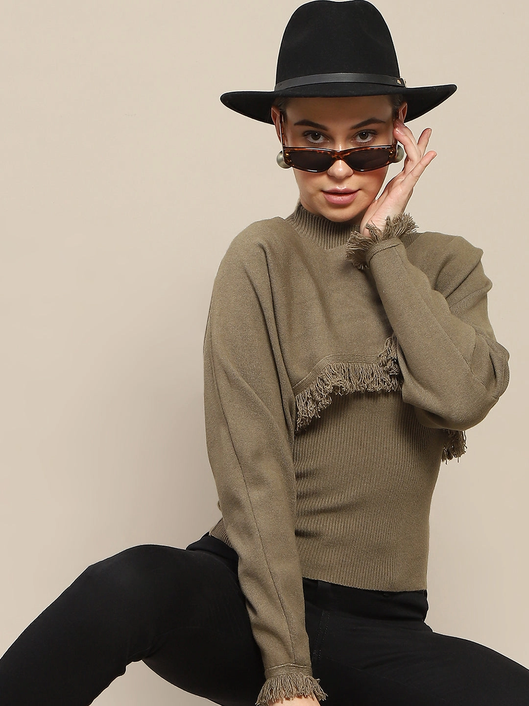 Everyday knitwear Madame Front Ripped Full Sleeve Olive Sweater