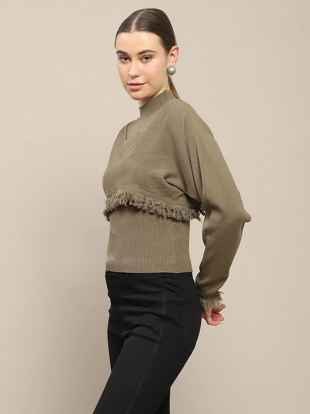 Stylish Knitwear Timeless Style Madame Front Ripped Full Sleeve Olive Sweater