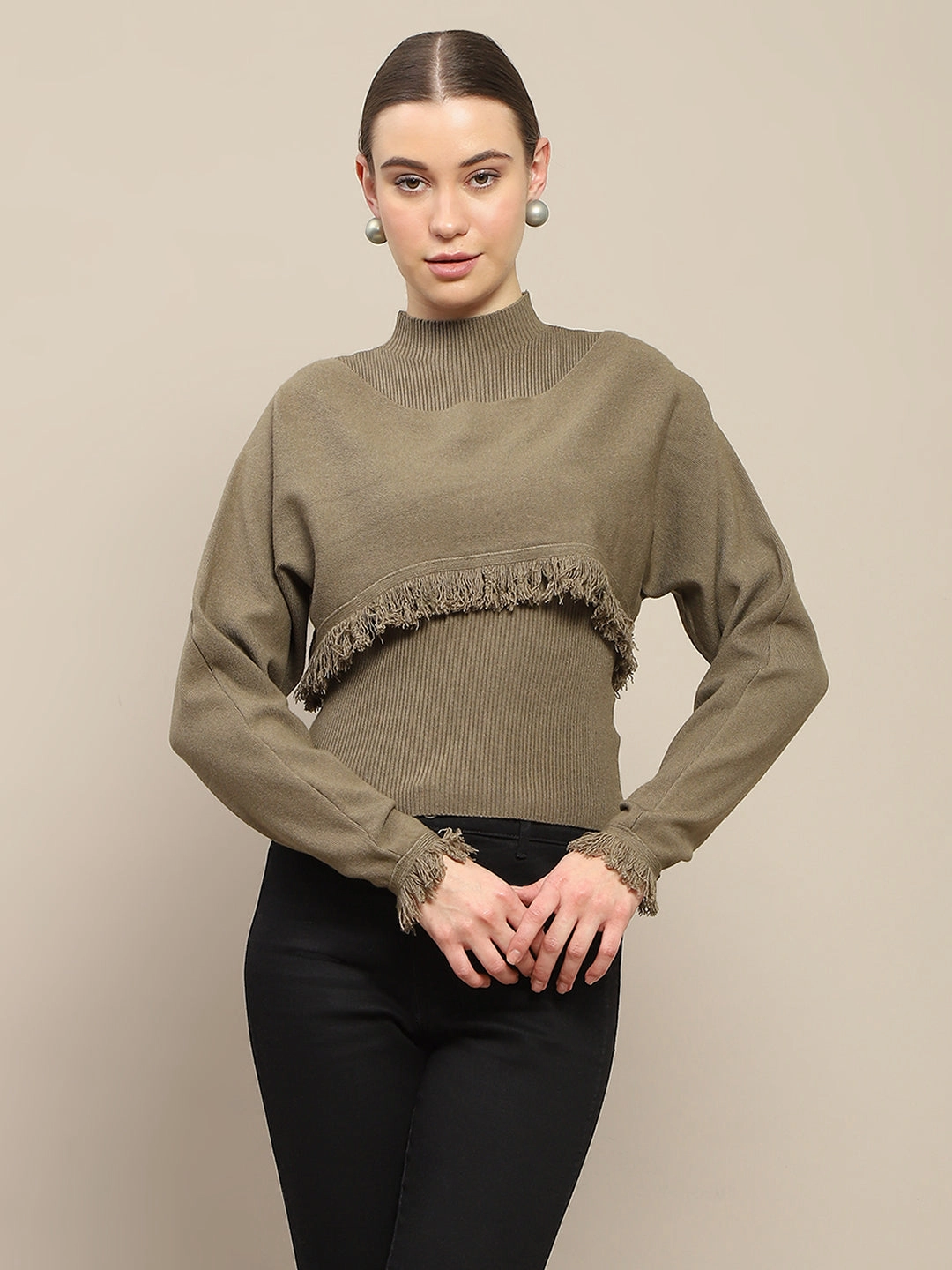 Breathable Performance Machine washable Madame Front Ripped Full Sleeve Olive Sweater