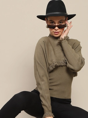 Everyday knitwear Madame Front Ripped Full Sleeve Olive Sweater