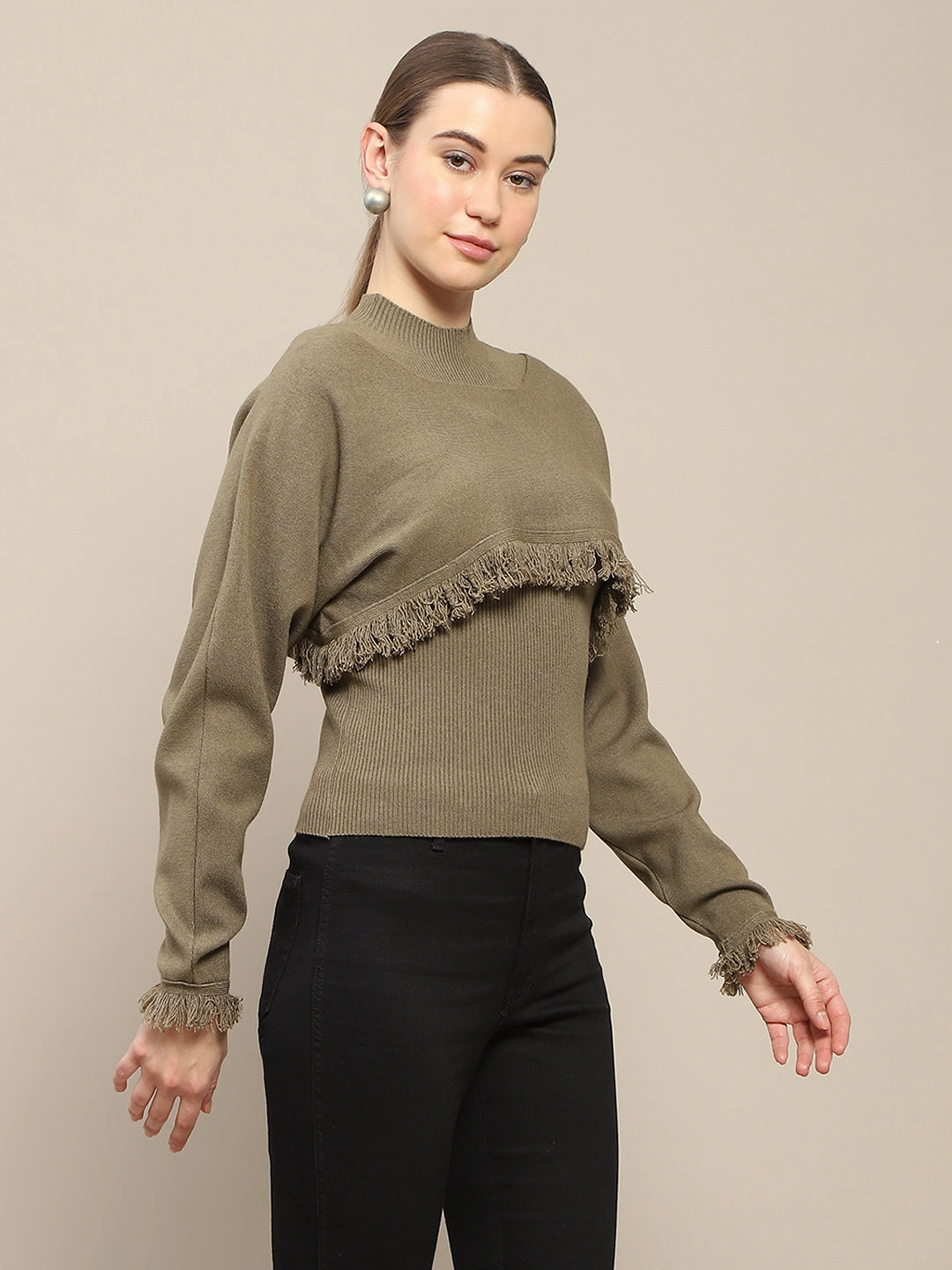 Soft Touch Madame Front Ripped Full Sleeve Olive Sweater