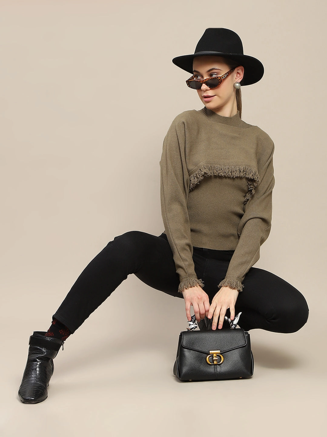 Madame Front Ripped Full Sleeve Olive Sweater Chilly Comfort