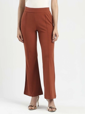Slim Stretch Travel-Ready Madame Front Seam Detail Rust Red Wide Leg Trousers