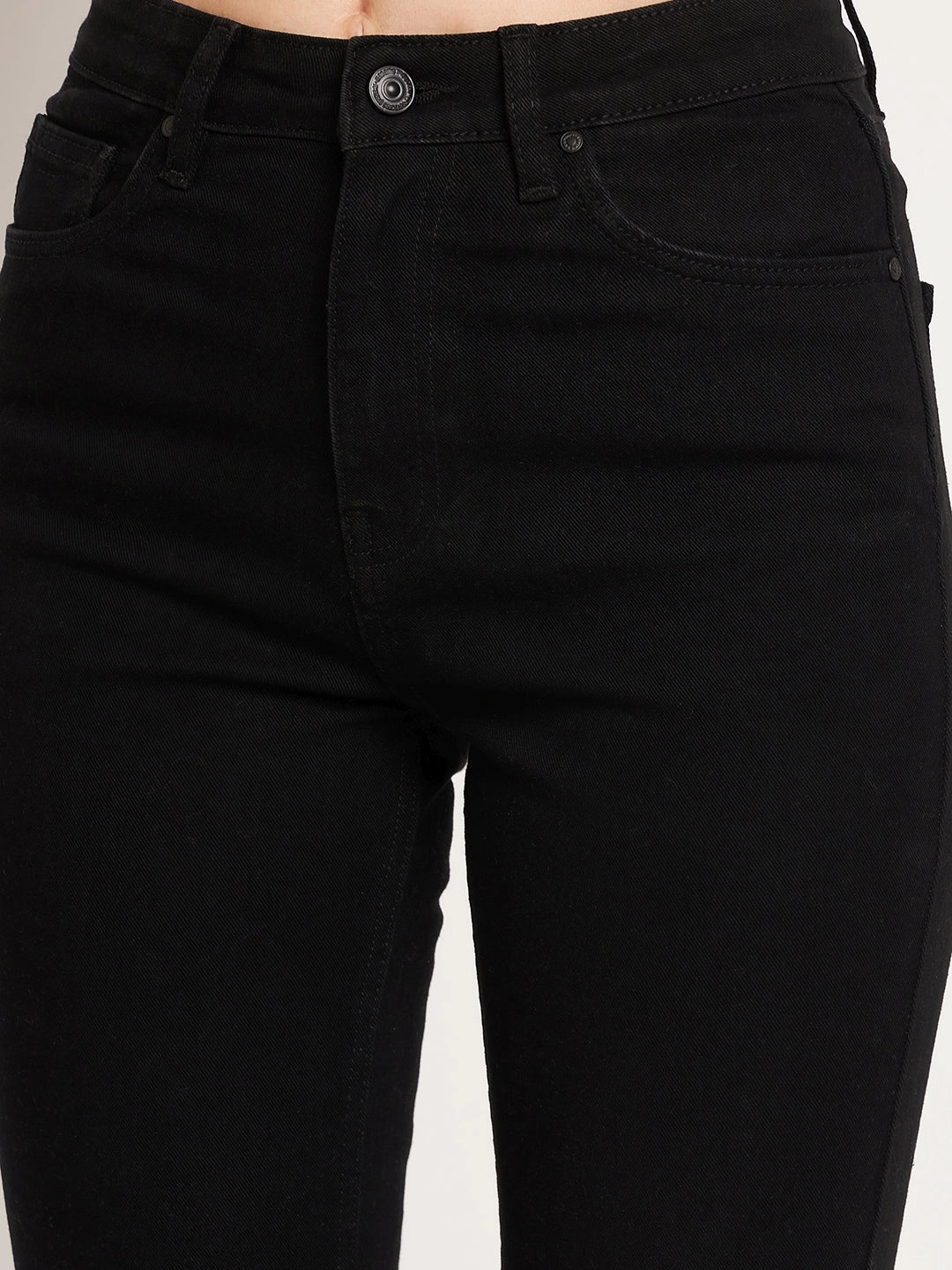 Seamless Waistband Finish Sleek Fit Madame Front Slit High-Rise Straight Black Jeans
