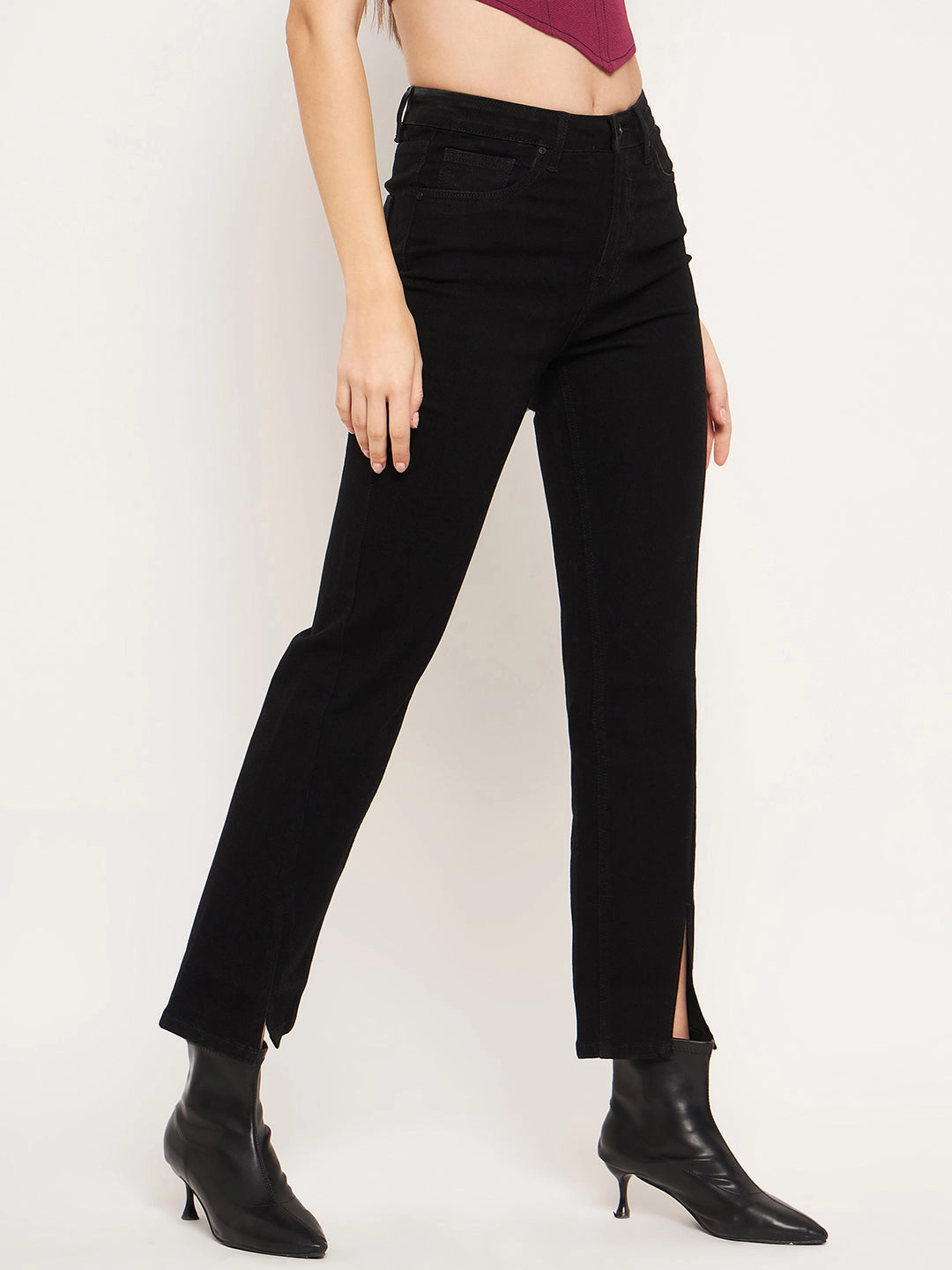 Loose High Quality Morning Stroll Foundation Wear Madame Front Slit High-Rise Straight Black Jeans