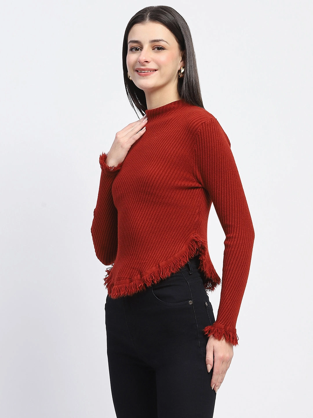 Madame Fur Cuffs and Hem Rust Red Sweater Knitwear Look Long Lasting Elasticity