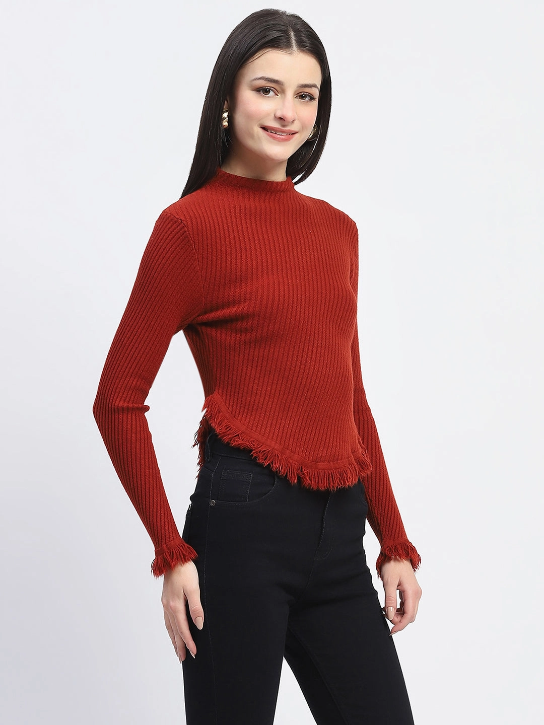 Madame Fur Cuffs and Hem Rust Red Sweater Knitwear Comfort Light Fit Design