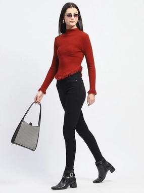 Comfort Knitwear Madame Fur Cuffs and Hem Rust Red Sweater