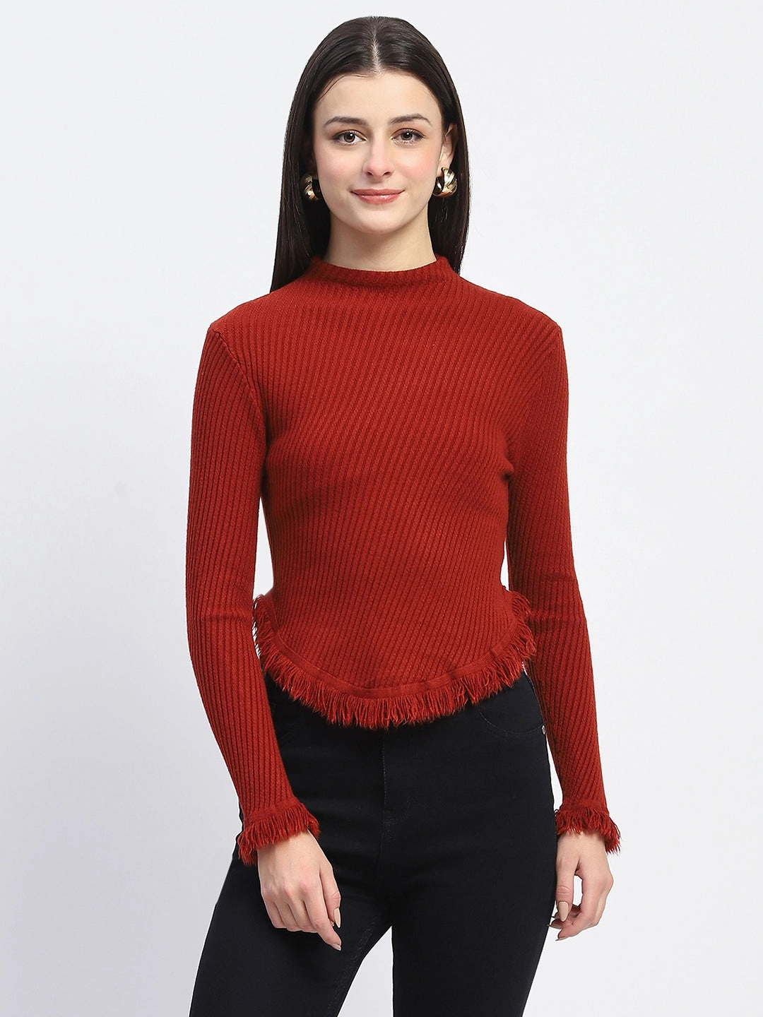 Sleek Stretch Fit Madame Fur Cuffs and Hem Rust Red Sweater