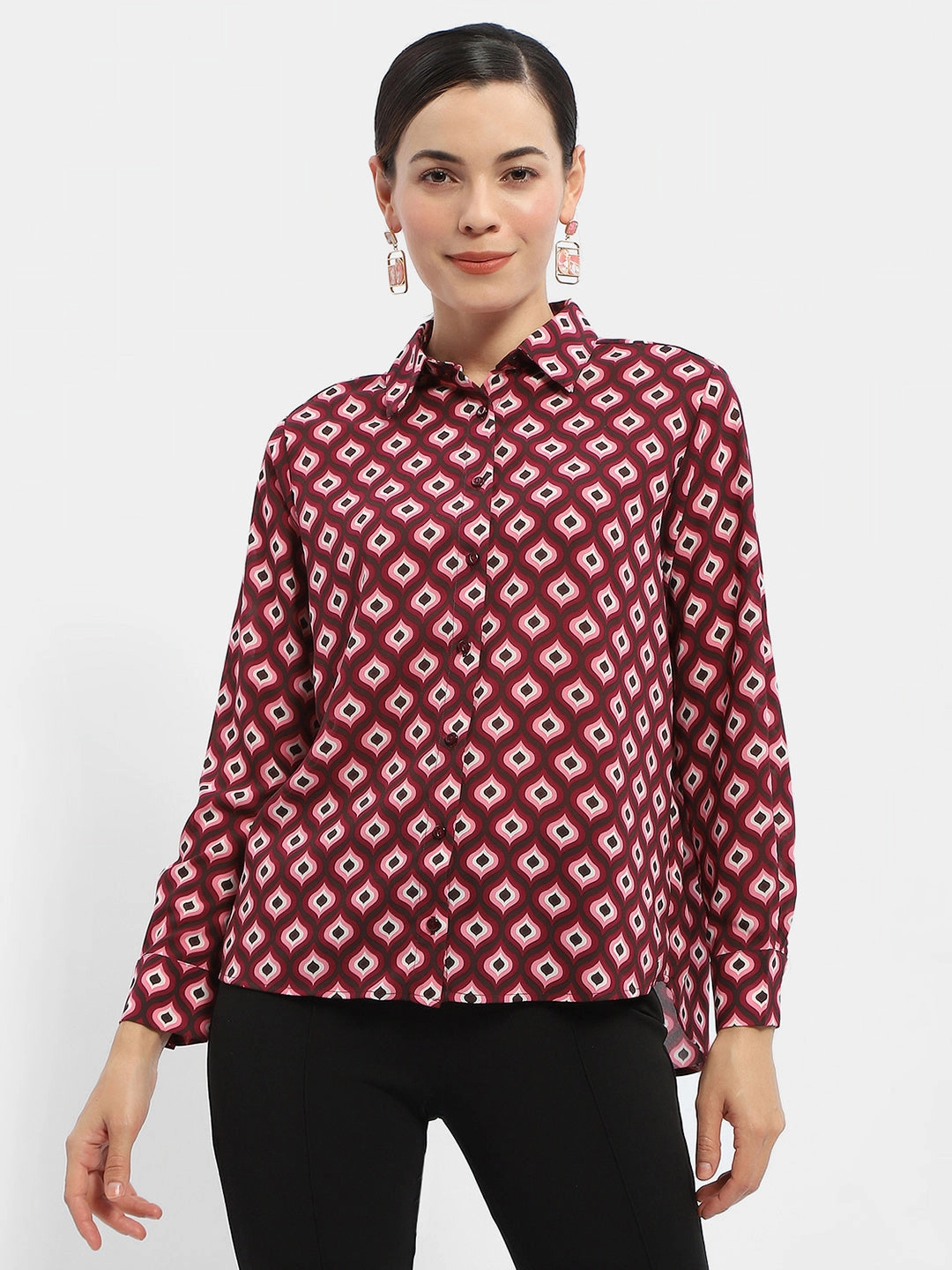 Easy Fit Long Sleeve Madame Geometric Print Maroon Regular Shirt