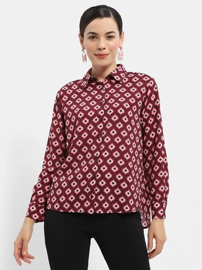 Easy Fit Long Sleeve Madame Geometric Print Maroon Regular Shirt