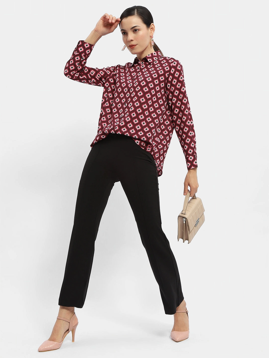 Pullover Design All-Weather Wear Madame Geometric Print Maroon Regular Shirt