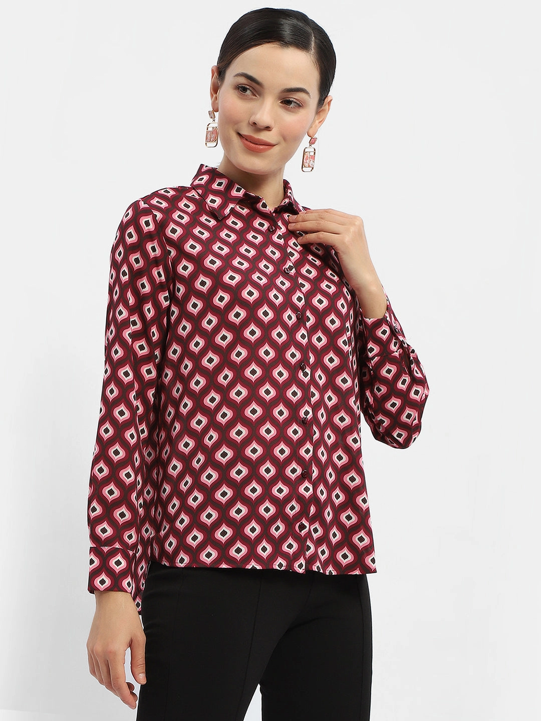 comfortable option Tuckable Hem Madame Geometric Print Maroon Regular Shirt