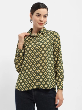 Madame Geometric Print Mustard Yellow Regular Shirt Day-To-Night Wear