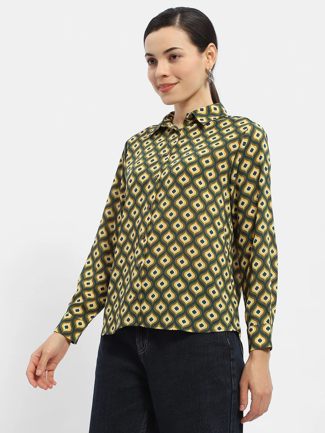 Laser Cut Edge Detail Casual Vibe Madame Geometric Print Mustard Yellow Regular Shirt