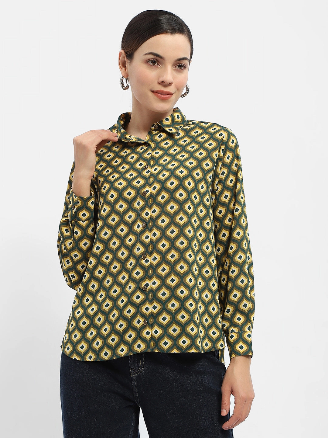 Madame Geometric Print Mustard Yellow Regular Shirt Day-To-Night Wear