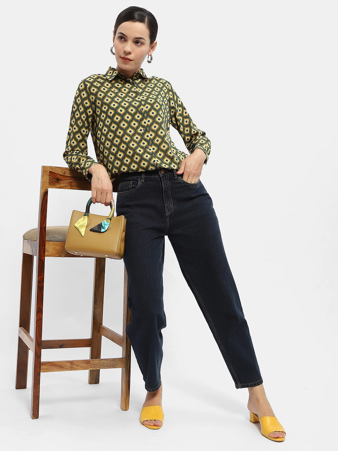 Smooth Zipper Design Loose style Madame Geometric Print Mustard Yellow Regular Shirt