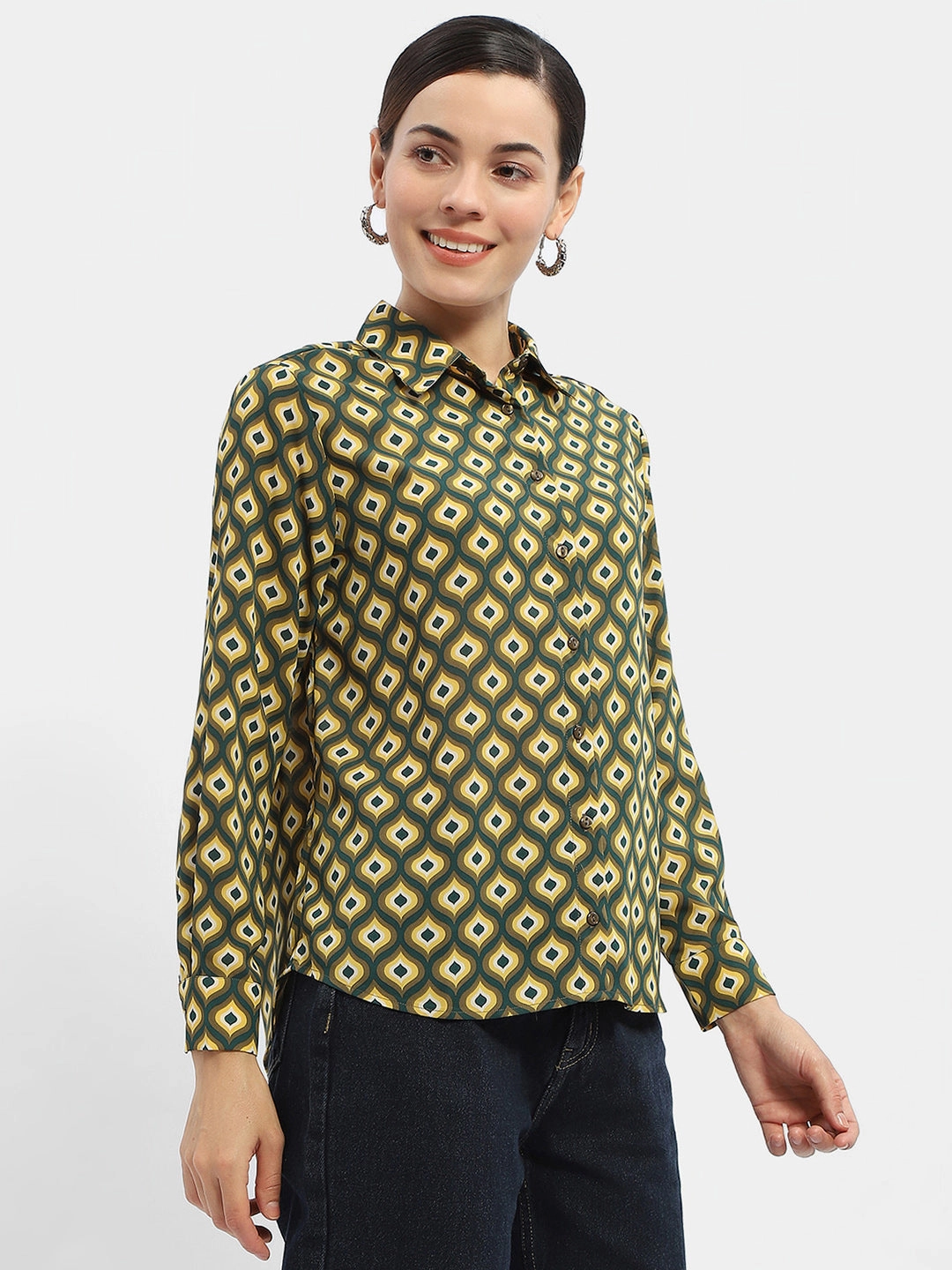 Madame Geometric Print Mustard Yellow Regular Shirt Lightweight Layer Breathable Fit