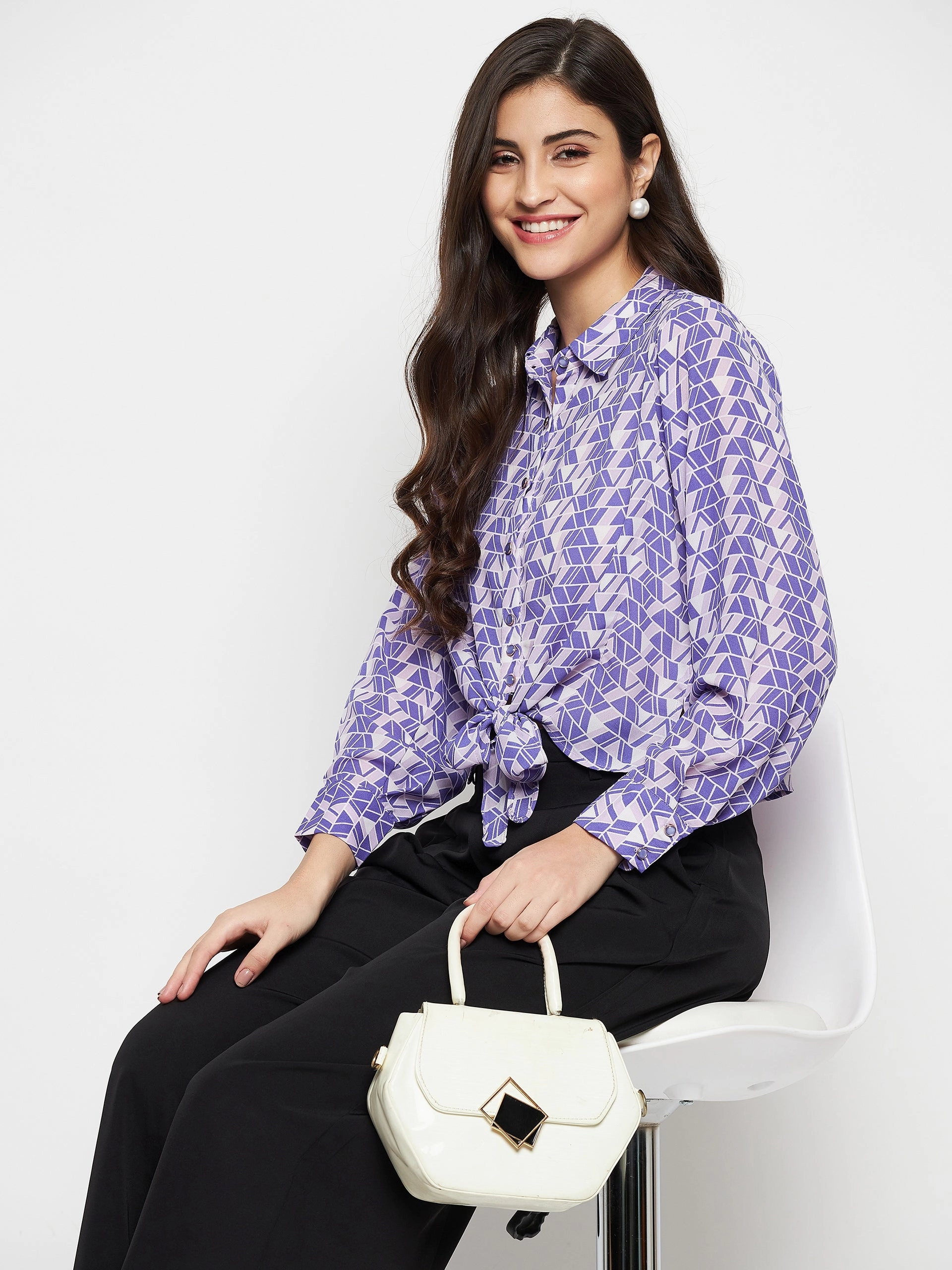 Madame Geometric Print Tie Front Purple Shirt Subtle Details