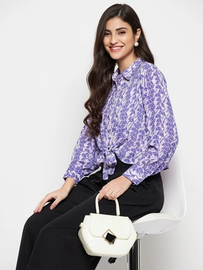 Madame Geometric Print Tie Front Purple Shirt Subtle Details