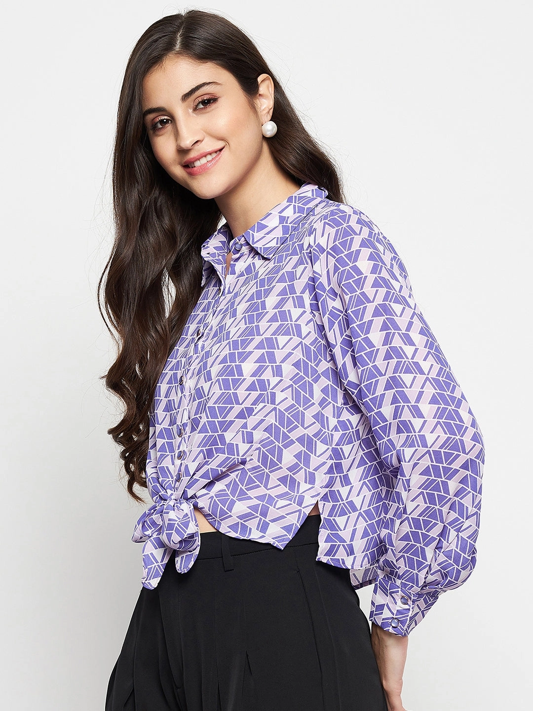 comfortable option Madame Geometric Print Tie Front Purple Shirt
