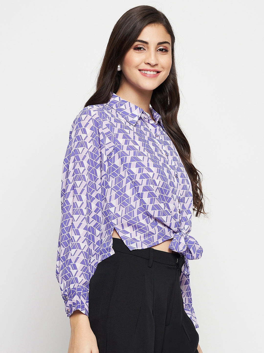 Refined Aesthetic Madame Geometric Print Tie Front Purple Shirt