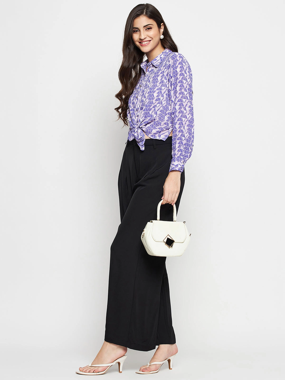 Polished Finish Quick Dry Construction Madame Geometric Print Tie Front Purple Shirt