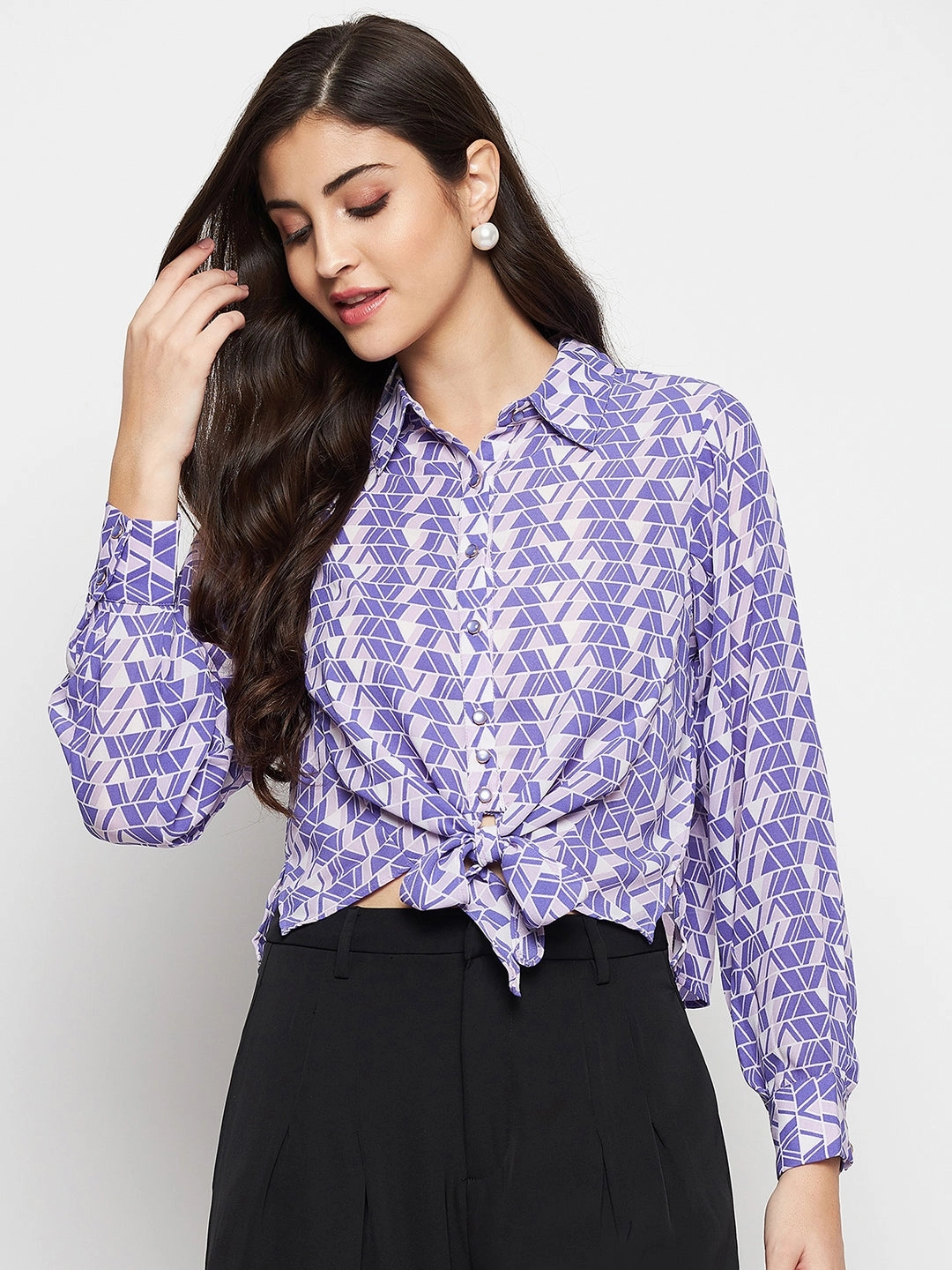Madame Geometric Print Tie Front Purple Shirt Fitted Silhouette Everyday Essential