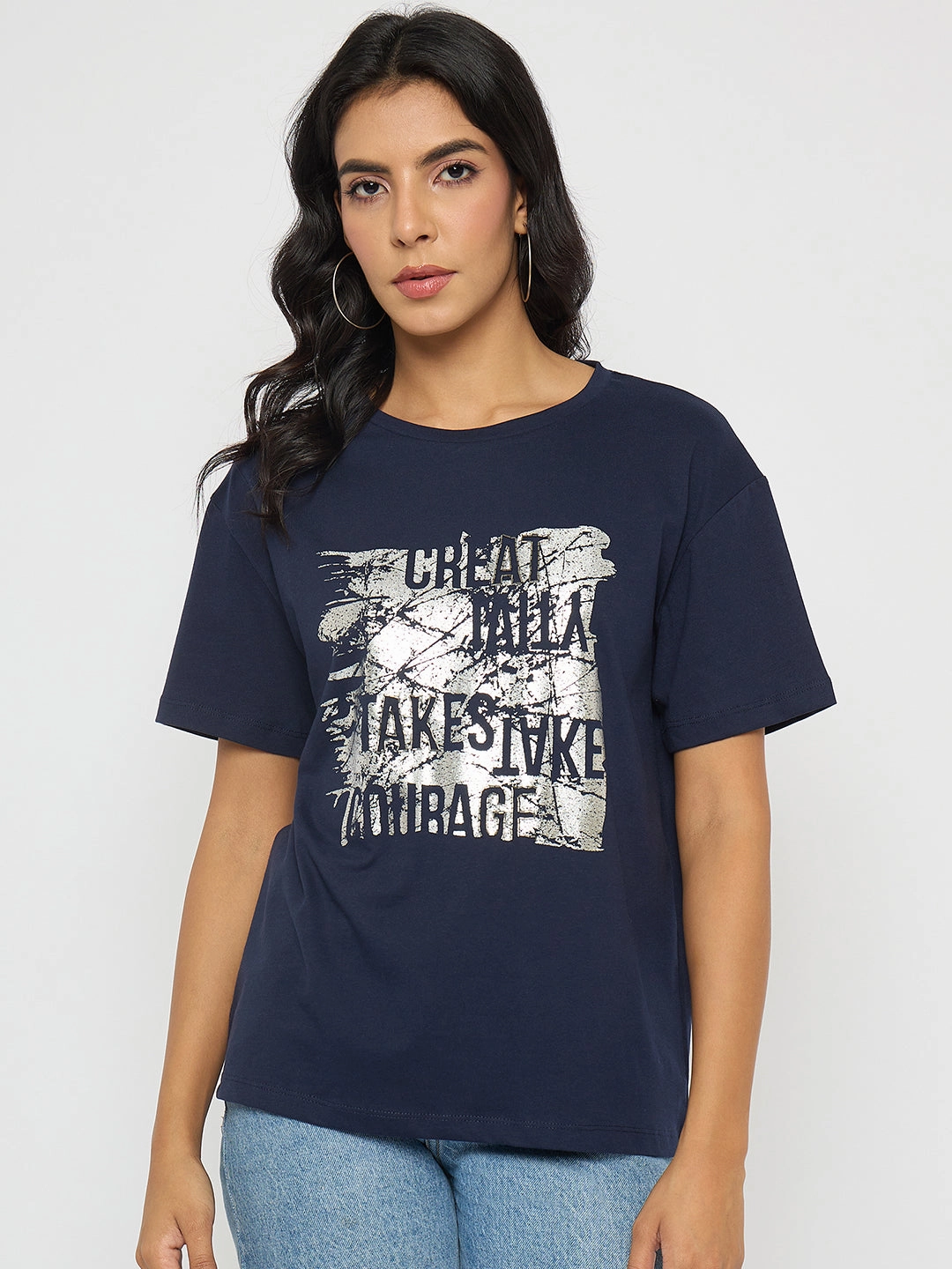 Madame Graphic And Typography Print Navy Blue Cotton T-Shirt Longline Hemline Cozy Vibe Wear