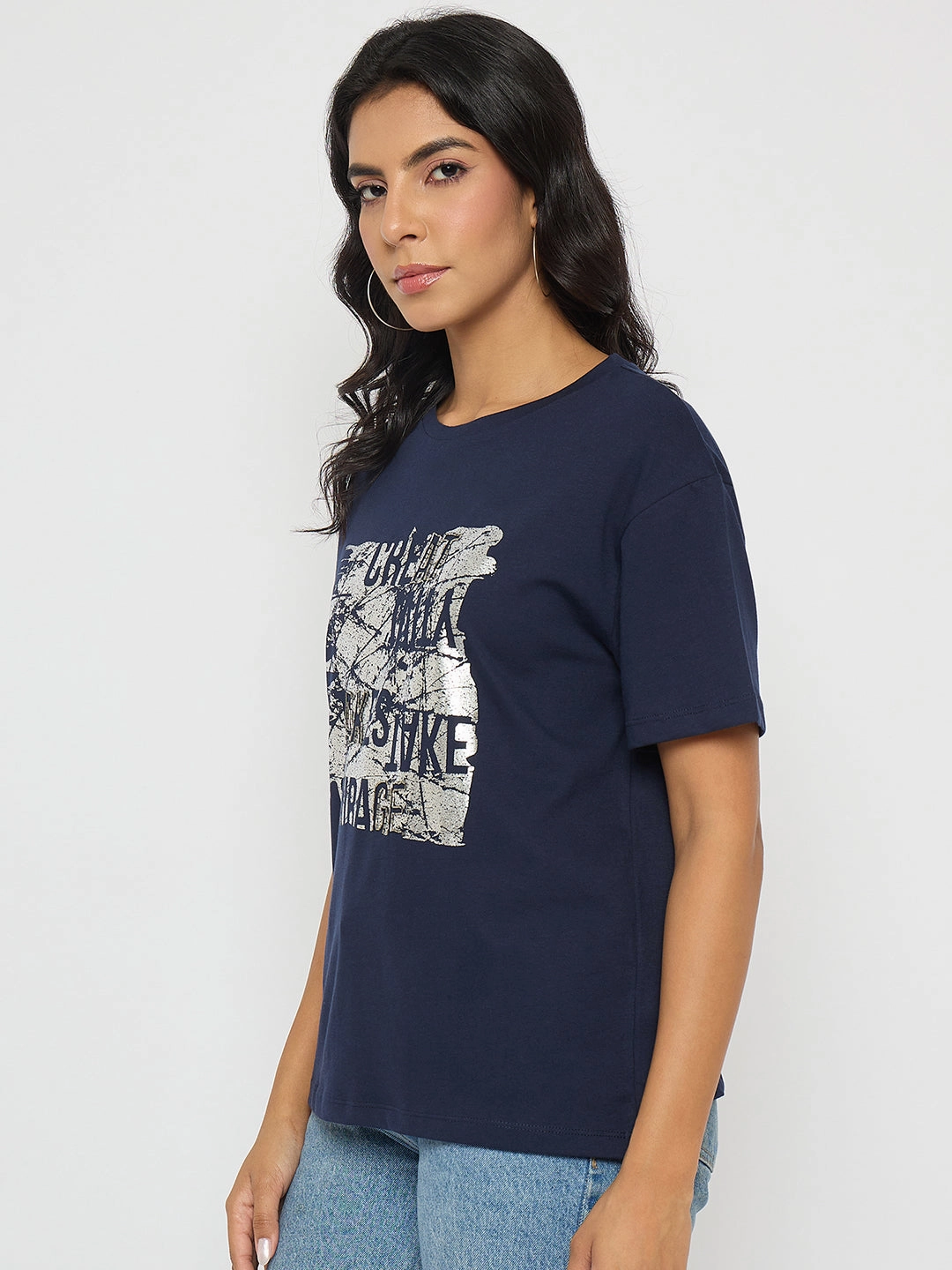 Madame Graphic And Typography Print Navy Blue Cotton T-Shirt Fresh Outfit Style