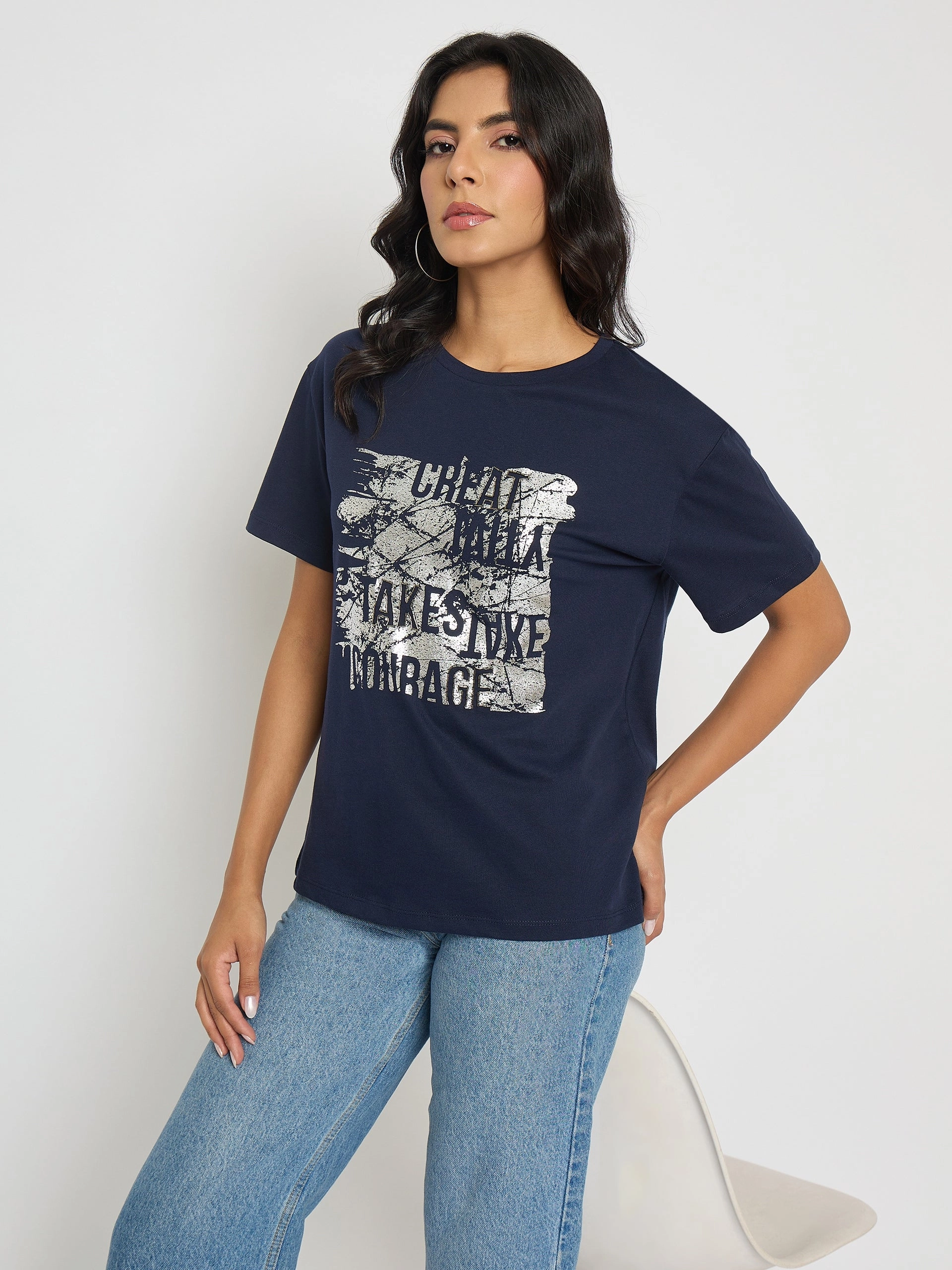 Subtle Embroidery Madame Graphic And Typography Print Navy Blue Cotton T-Shirt