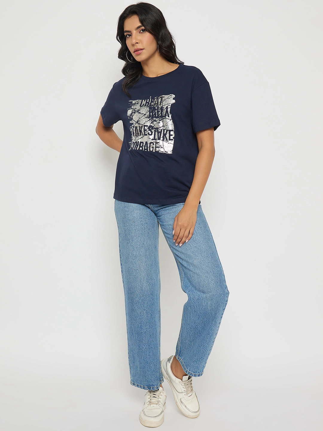 budget-friendly Madame Graphic And Typography Print Navy Blue Cotton T-Shirt