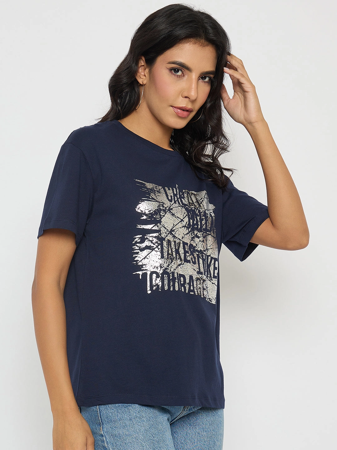 Men's masculinity Madame Graphic And Typography Print Navy Blue Cotton T-Shirt