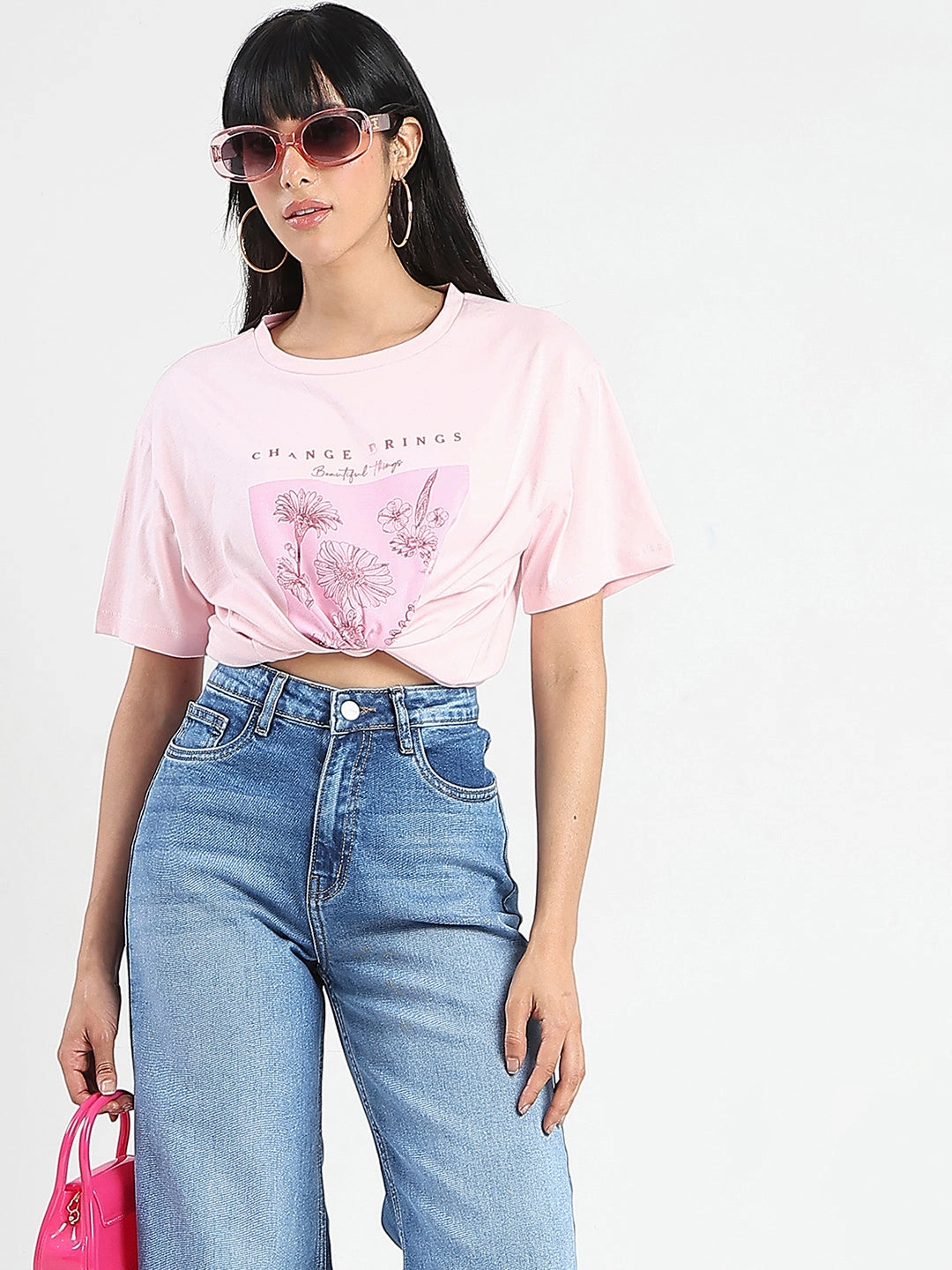 Comfortable and stylish Madame Graphic Foil Print Handwork Detail Pink Cotton T-shirt