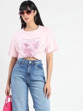Comfortable and stylish Madame Graphic Foil Print Handwork Detail Pink Cotton T-shirt