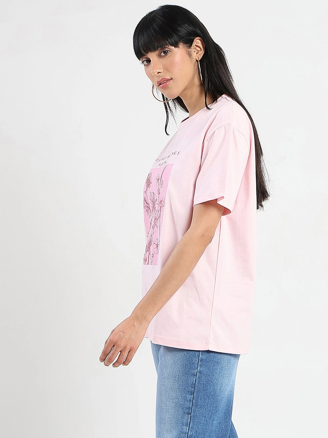 Perfect Fit Wear Water Based Ink Madame Graphic Foil Print Handwork Detail Pink Cotton T-shirt