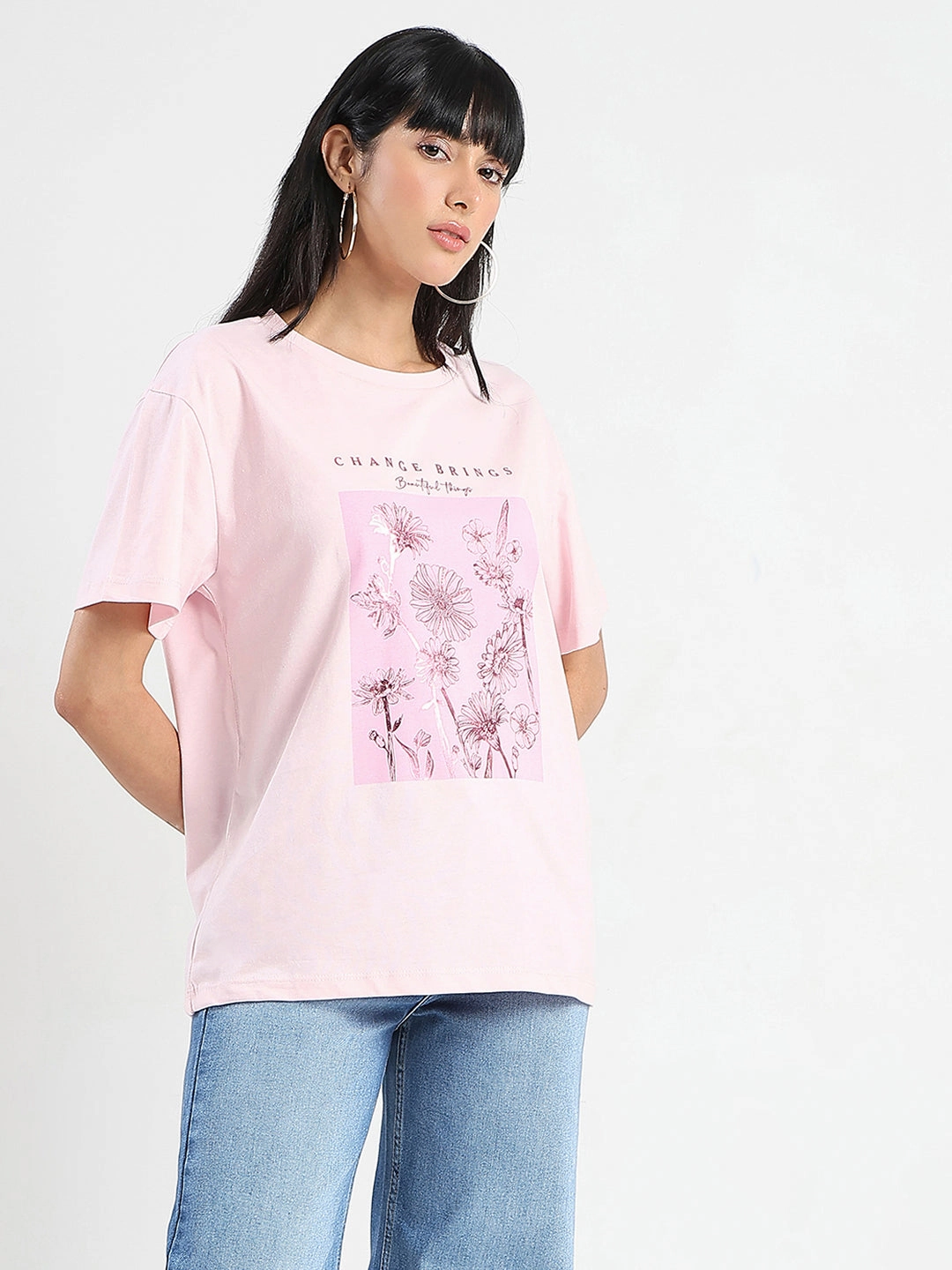 Daily Trend Madame Graphic Foil Print Handwork Detail Pink Cotton T-shirt