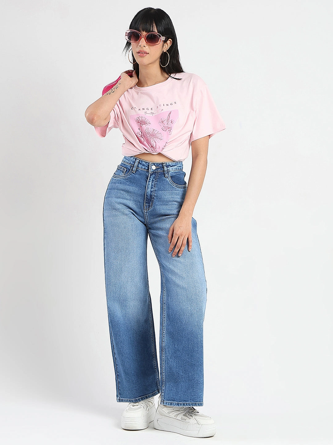 Madame Graphic Foil Print Handwork Detail Pink Cotton T-shirt sporty and comfortable