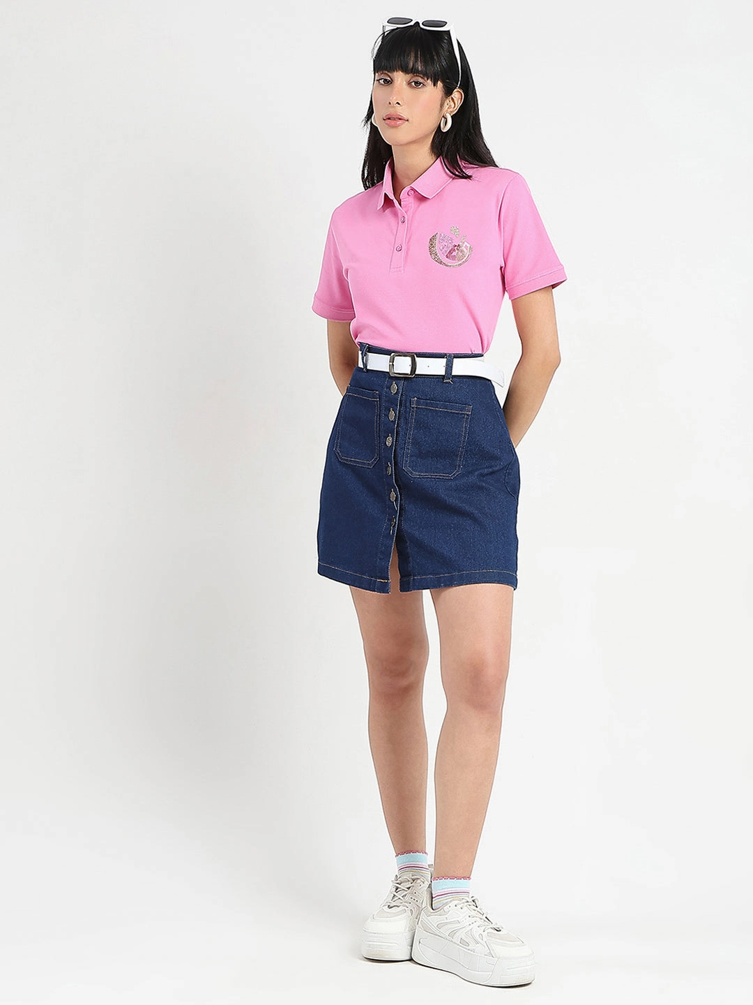 Durable Colorfast Finish Madame Graphic Print Adorned Cotton Blend Pink Polo T-shirt