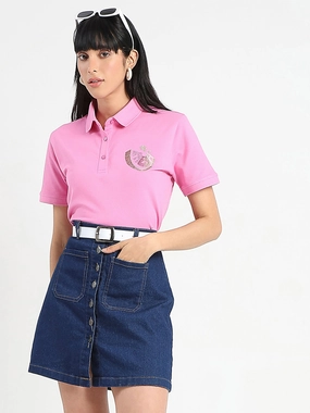 Relaxing Fit Madame Graphic Print Adorned Cotton Blend Pink Polo T-shirt